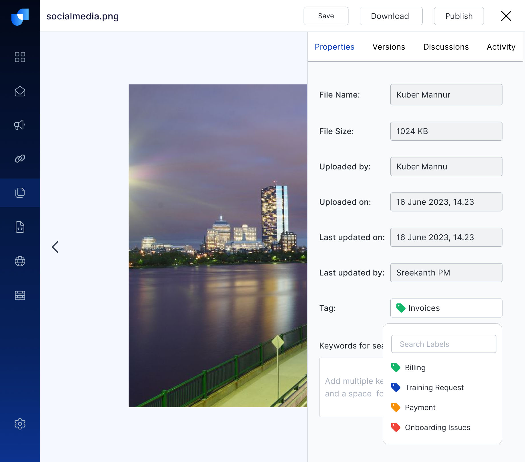 UI showing clapup digital asset management features.