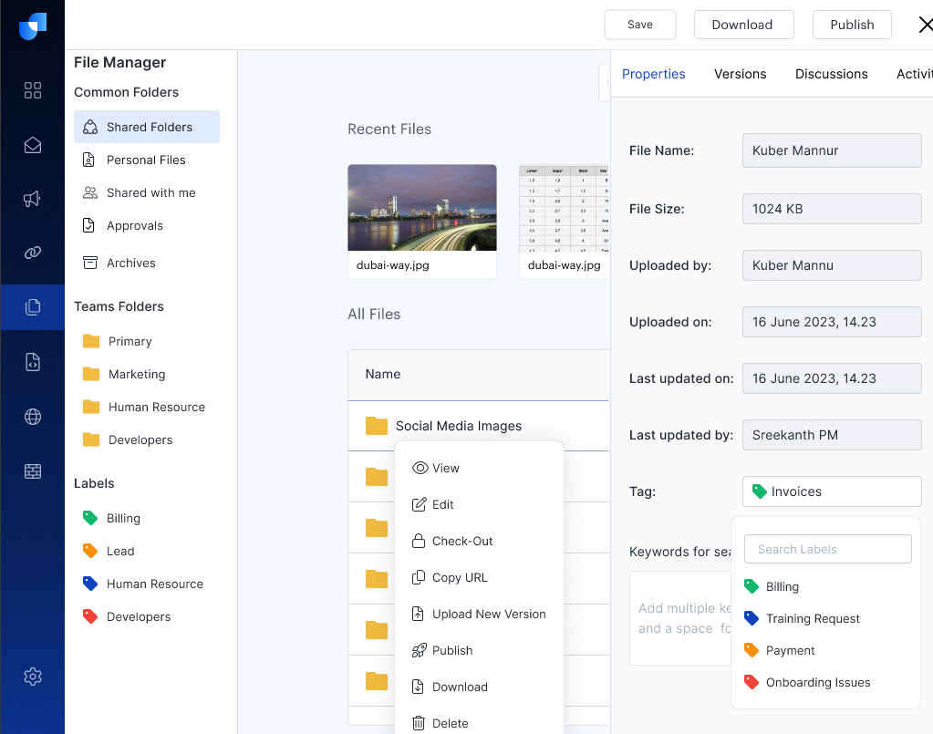 UI showing various options of Document Management System