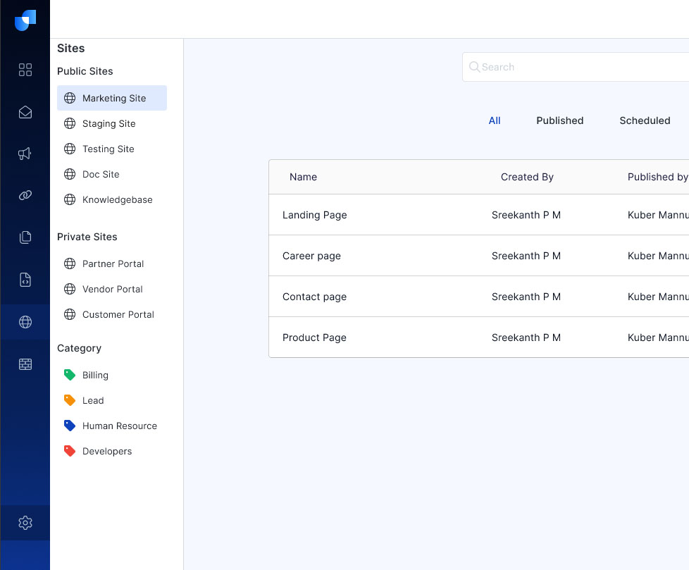 UI showing clapup site management features.